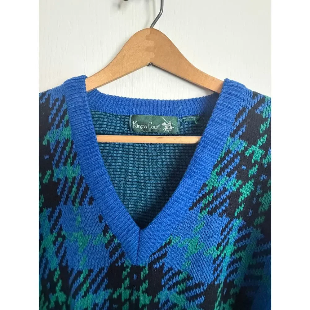 Vintage King’s Court Blue Green Plaid V Neck Knit Sweater Men’s L